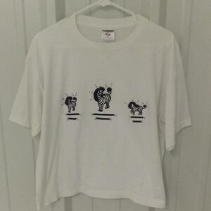 Vintage Jerzees Womens Zebra Puffy Studded Embroidered White Short Sleeve Shirt